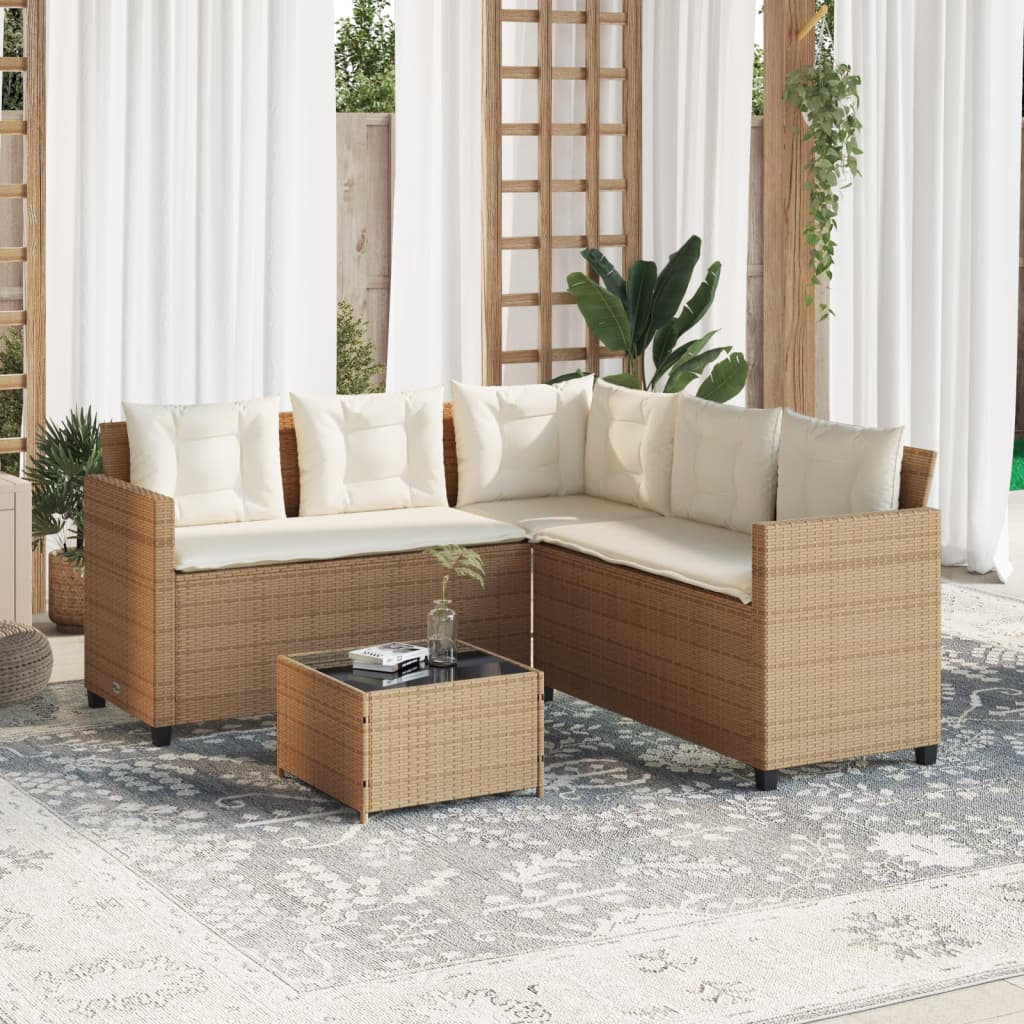 L-shaped garden sofa with table and cushions beige poly rattan