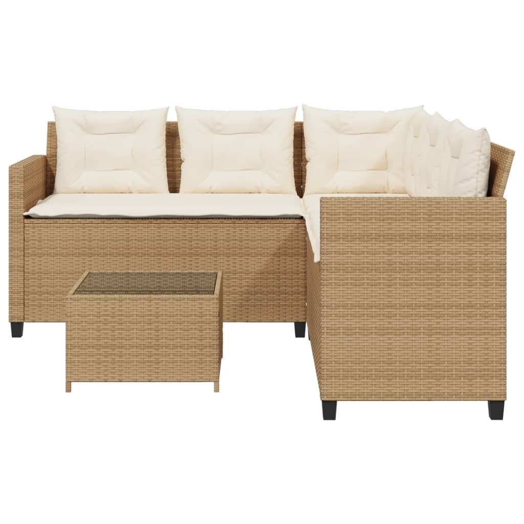 L-shaped garden sofa with table and cushions beige poly rattan