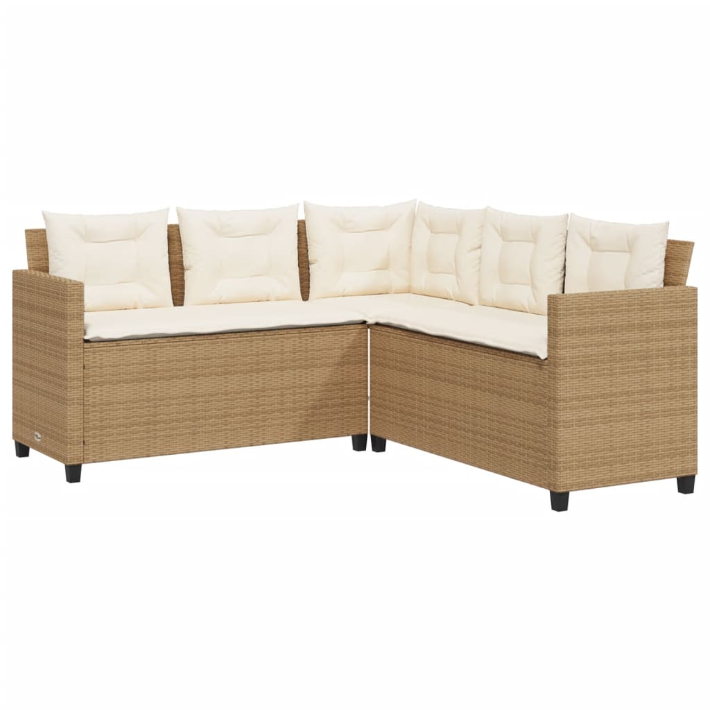 L-shaped garden sofa with table and cushions beige poly rattan