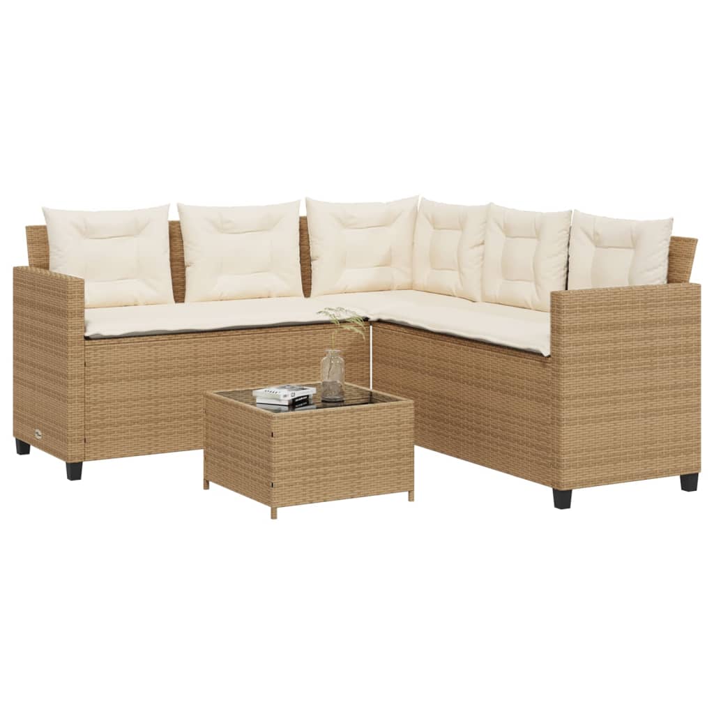 L-shaped garden sofa with table and cushions beige poly rattan