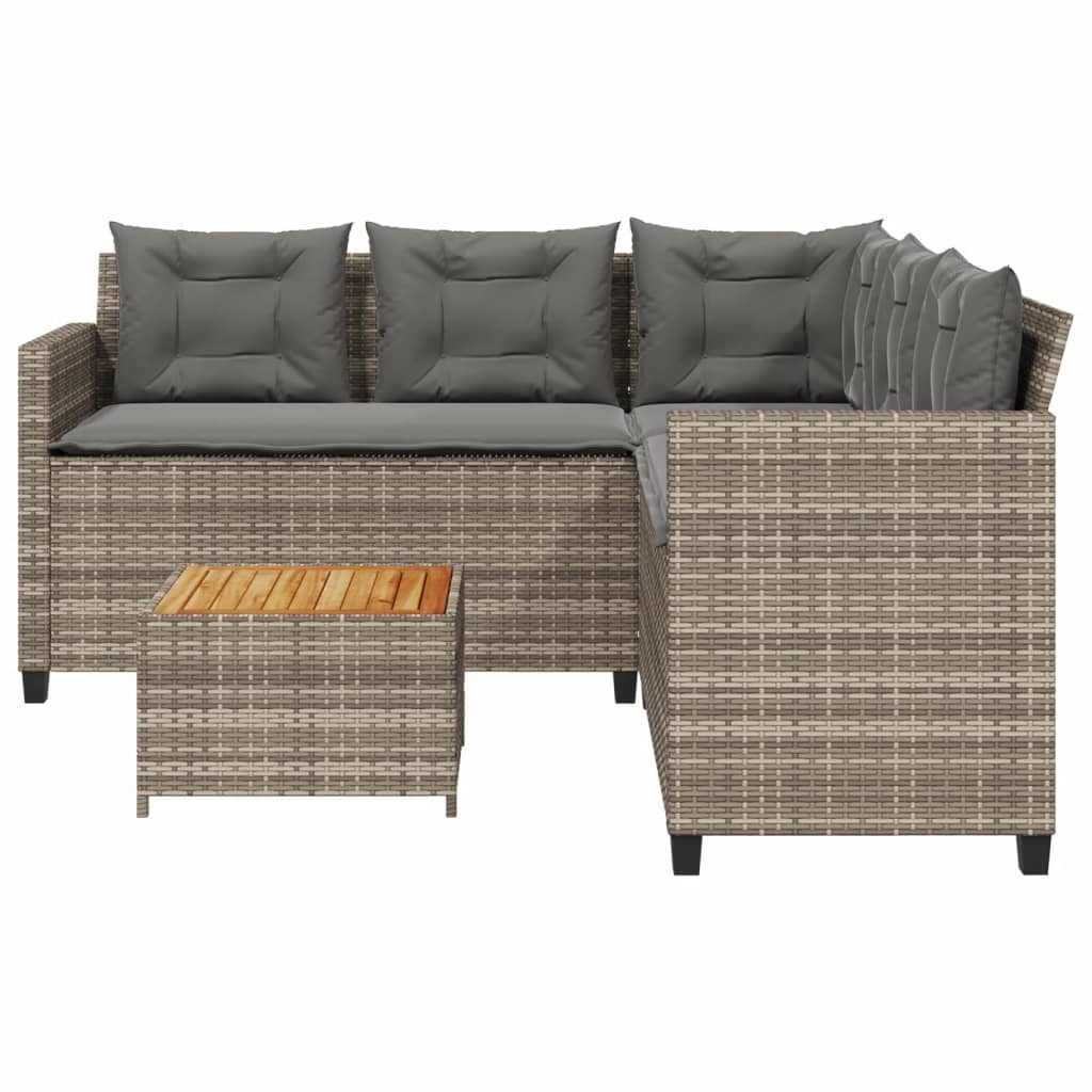 L-shaped garden sofa with table and cushions grey poly rattan