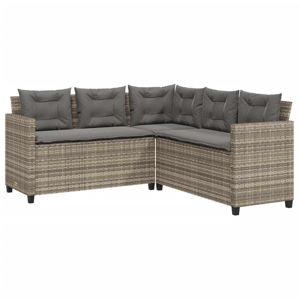 L-shaped garden sofa with table and cushions grey poly rattan