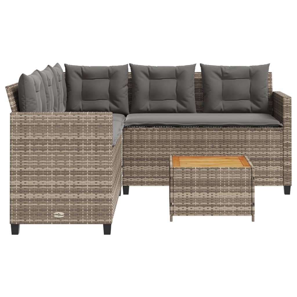L-shaped garden sofa with table and cushions grey poly rattan