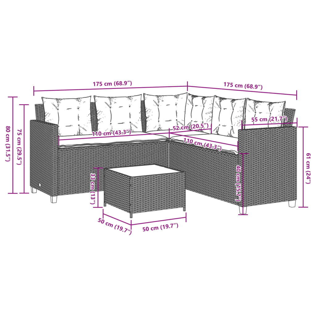 L-shaped garden sofa with table and cushions grey poly rattan