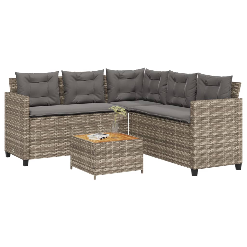 L-shaped garden sofa with table and cushions grey poly rattan