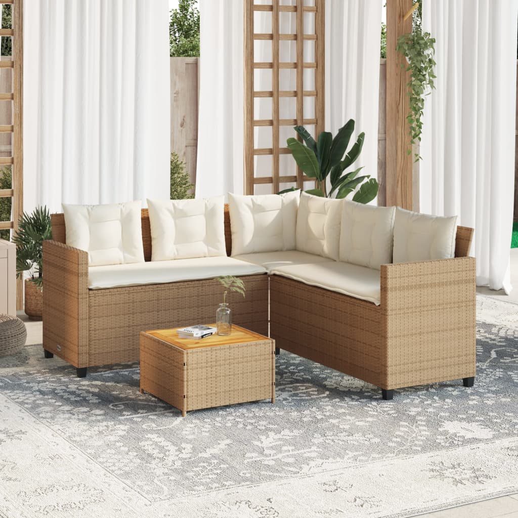 L-shaped garden sofa with table and cushions beige poly rattan