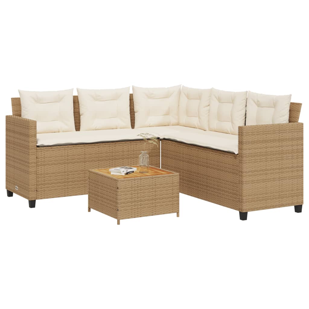 L-shaped garden sofa with table and cushions beige poly rattan