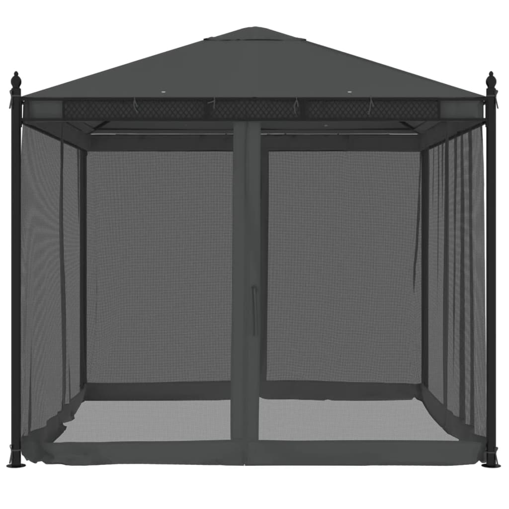 Pavillon avec murs en filet anthracite 2,93x2,93 m acier