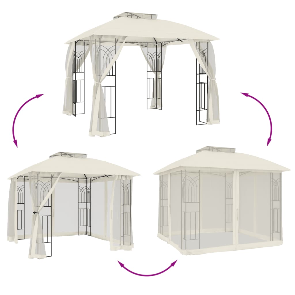 Pavillon avec double toit et murs grillagés crème 2,94x2,94 m en acier