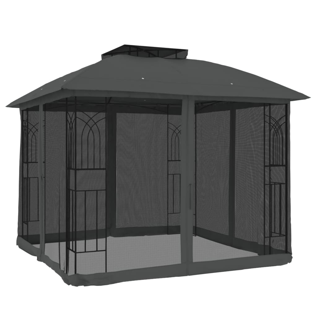 Pavillon à double toiture & murs grillagés anthracite 2,94x2,94m acier