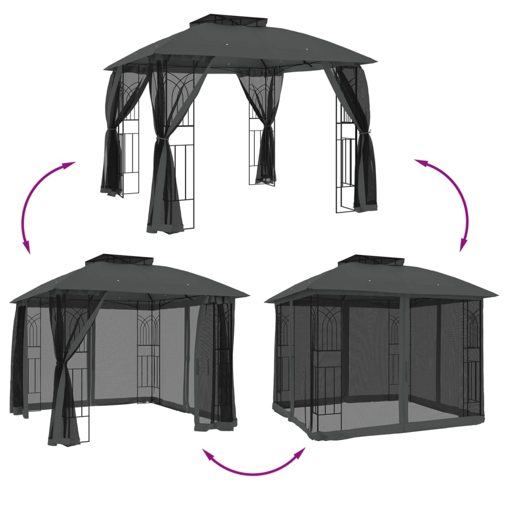 Pavillon à double toiture & murs grillagés anthracite 2,94x2,94m acier