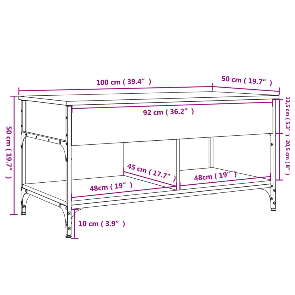 Coffee table smoked oak 100x50x50 cm wood material and metal