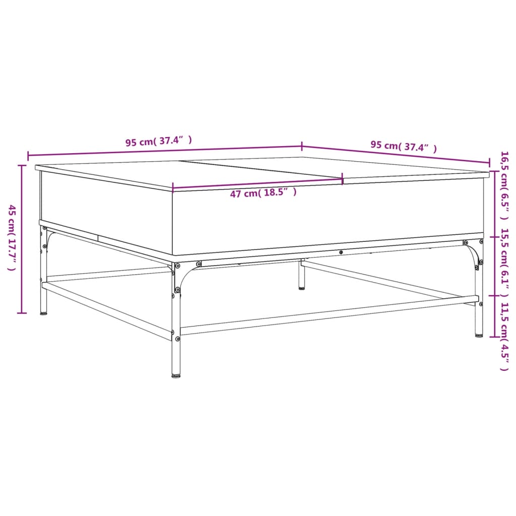 Coffee table smoked oak 95x95x45 cm wood material and metal