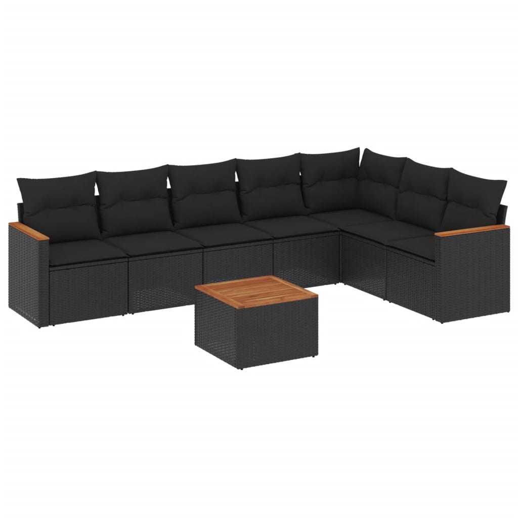 8-piece garden sofa set with cushions, black poly rattan