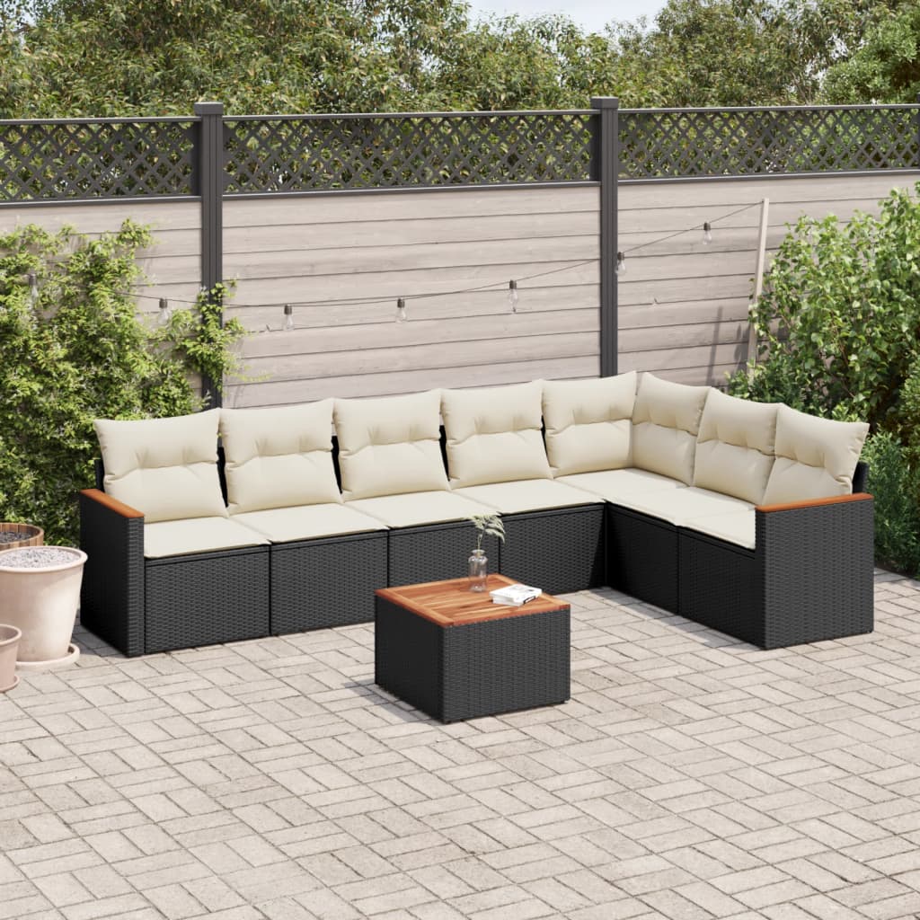 8-piece garden sofa set with cushions, black poly rattan