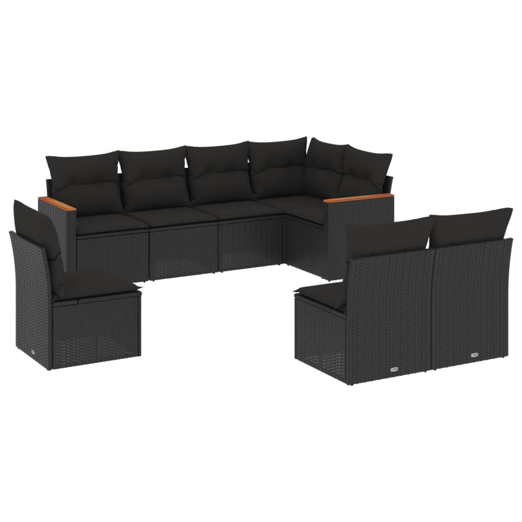 8-piece garden sofa set with cushions, black poly rattan