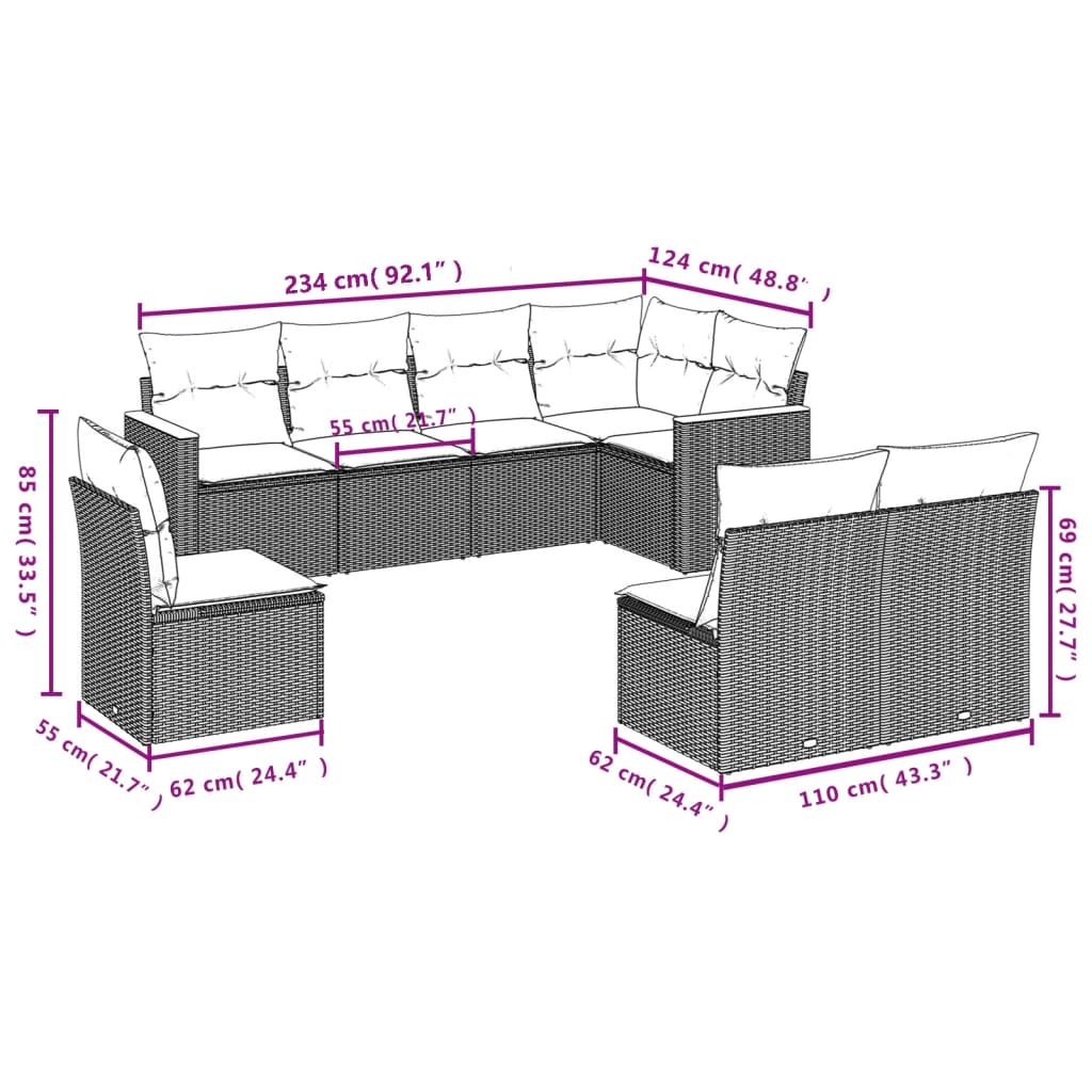 8-piece garden sofa set with cushions, black poly rattan