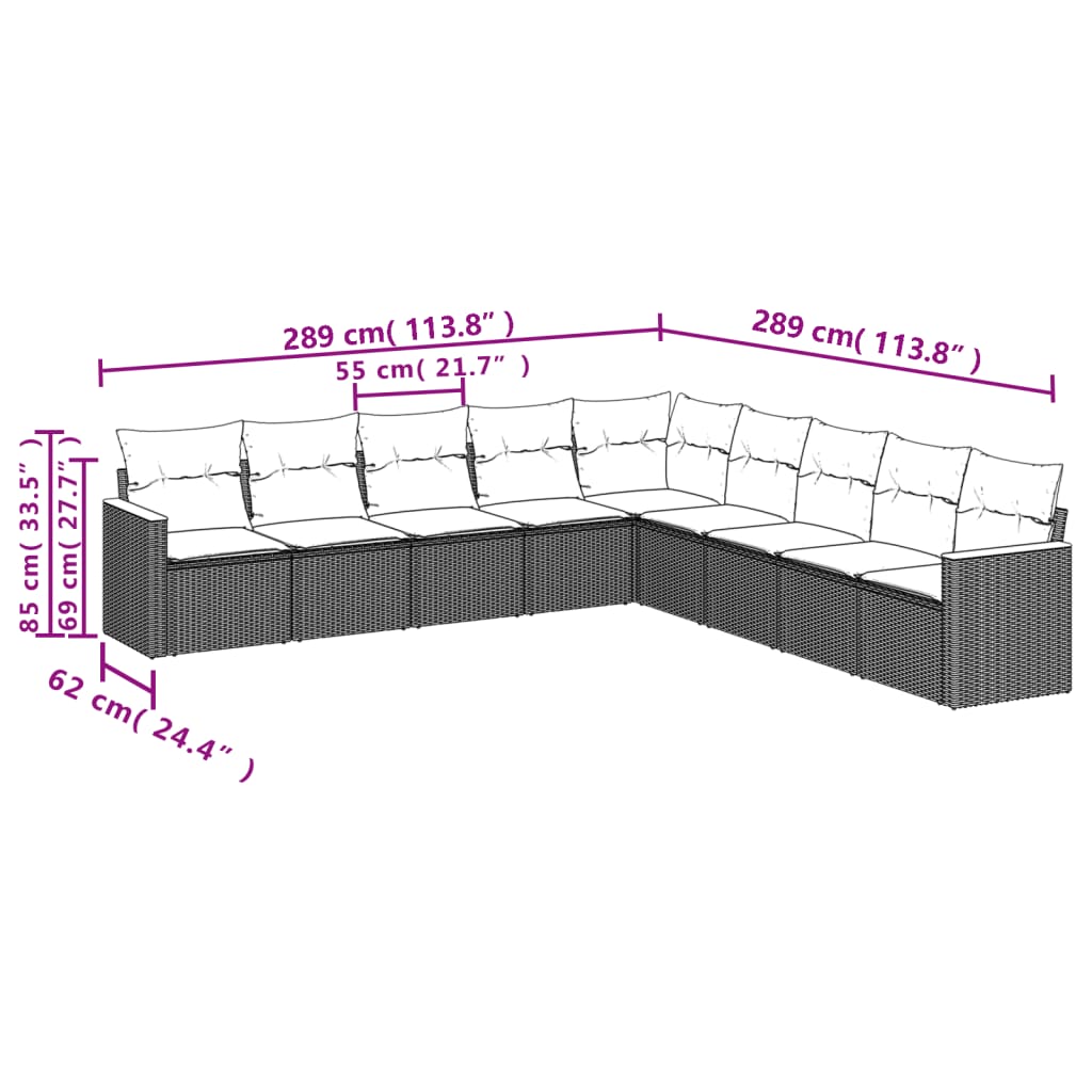 9-teiliges Gartensofa-Set mit Kissen, schwarzes Polyrattan