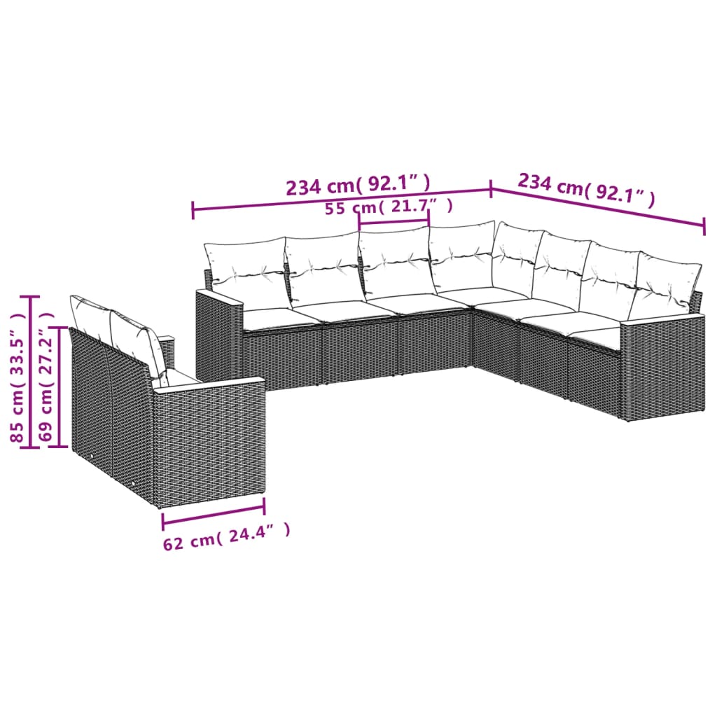 9-teiliges Gartensofa-Set mit Kissen, schwarzes Polyrattan