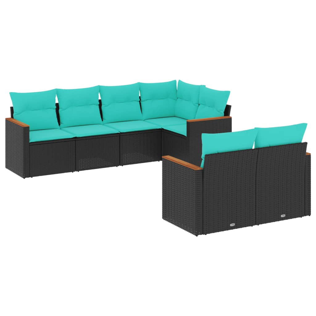 7-teiliges Gartensofa-Set mit Kissen, schwarzes Polyrattan