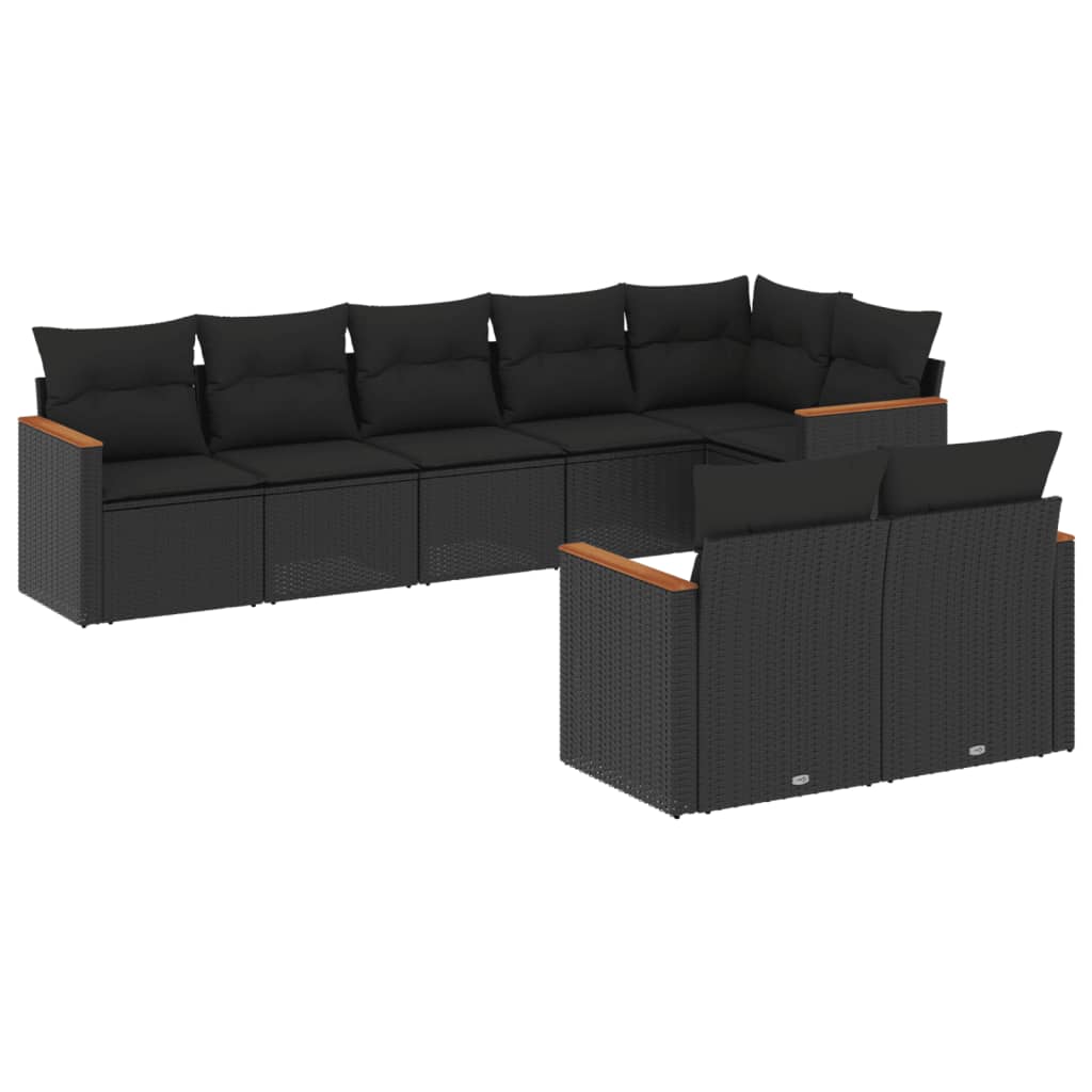 8-piece garden sofa set with cushions, black poly rattan