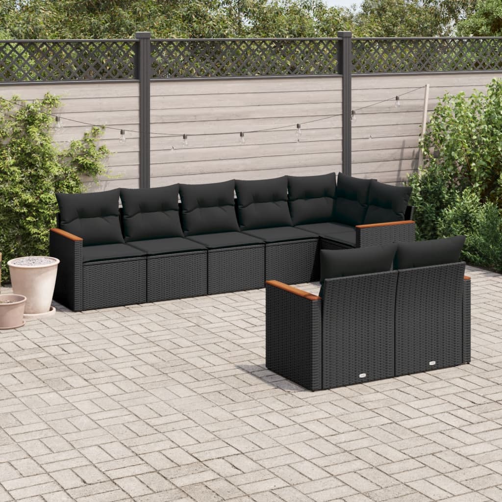 8-piece garden sofa set with cushions, black poly rattan