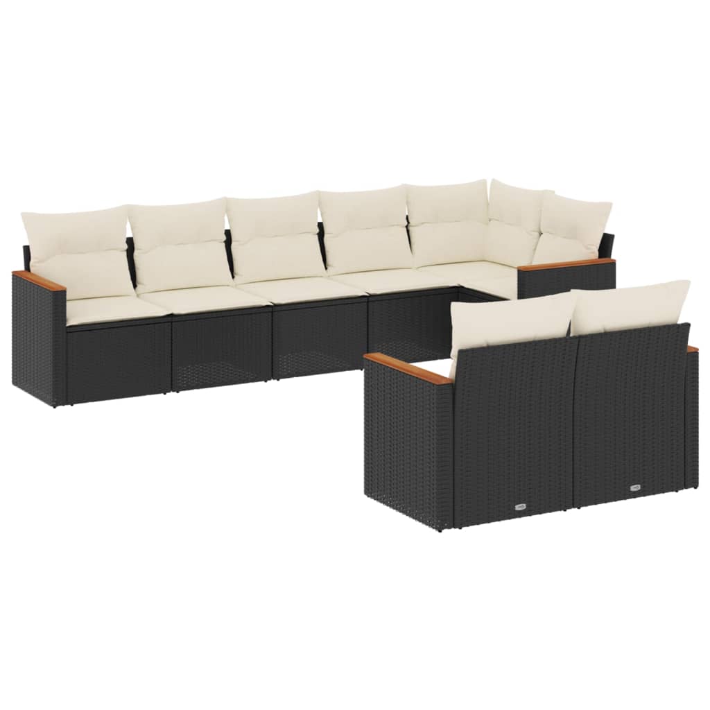 8-piece garden sofa set with cushions, black poly rattan