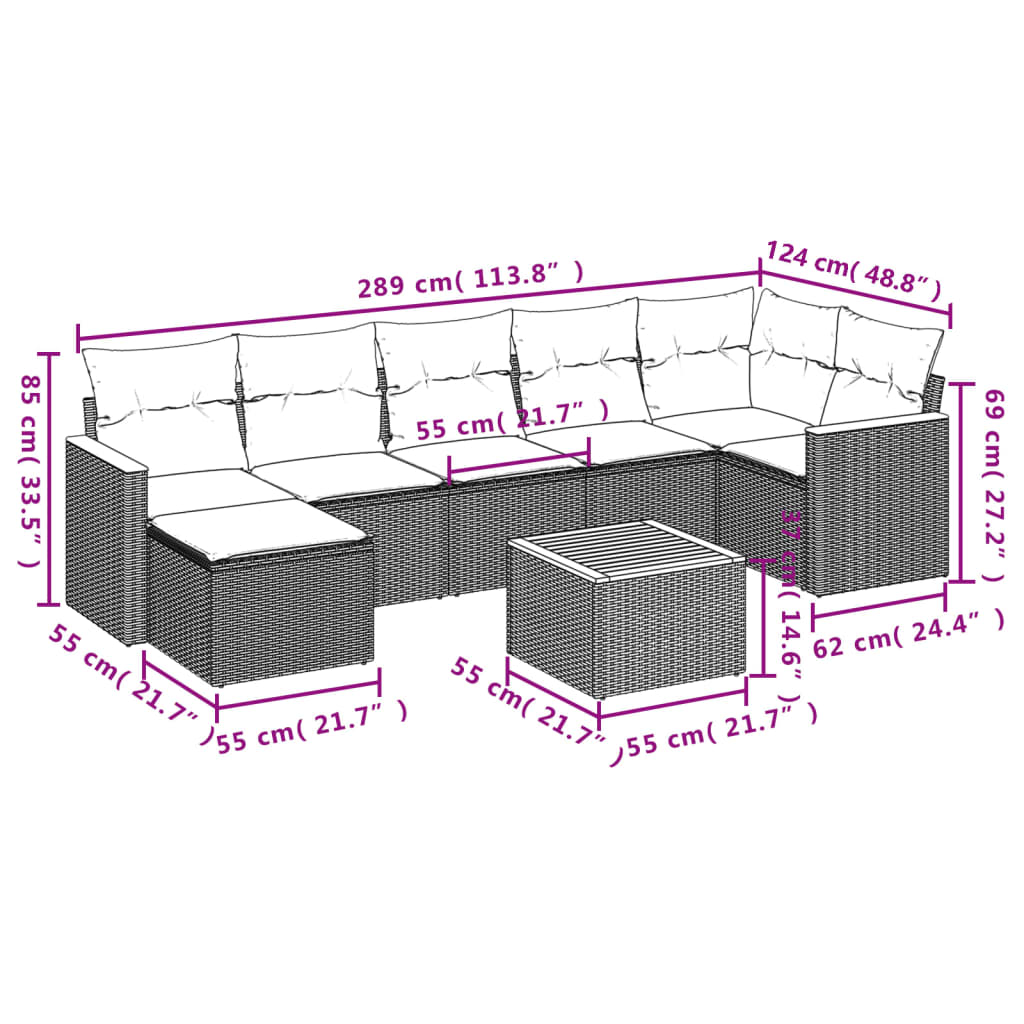 8-teiliges Gartensofa-Set mit Kissen, schwarzes Polyrattan