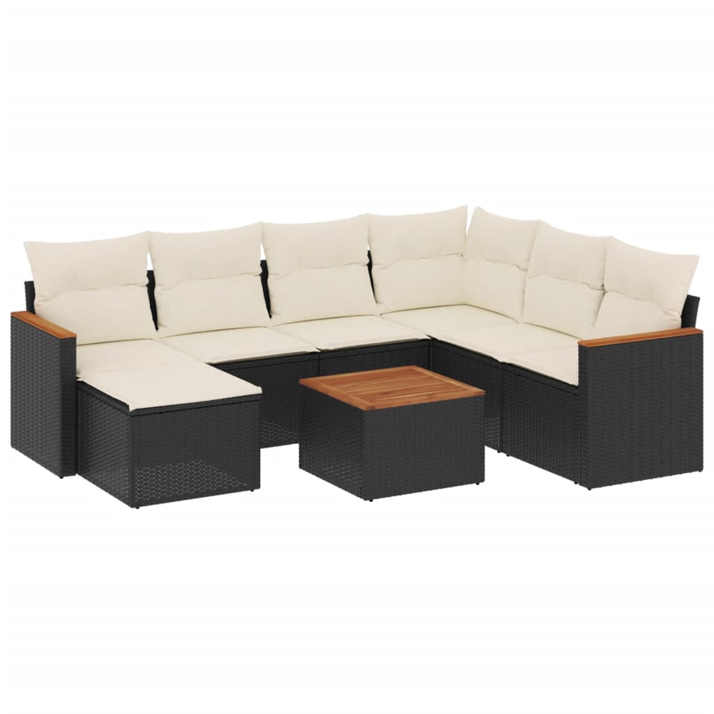 8-piece garden sofa set with cushions, black poly rattan