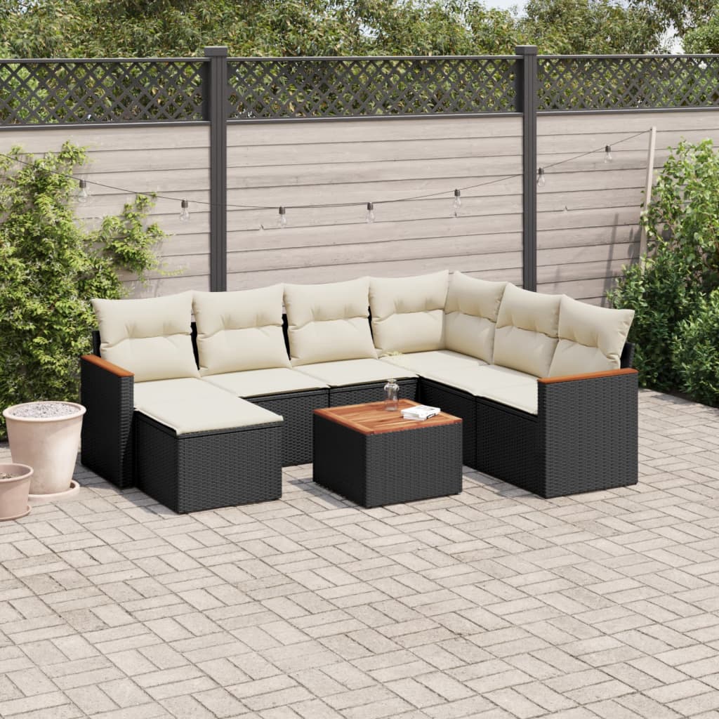 8-piece garden sofa set with cushions, black poly rattan