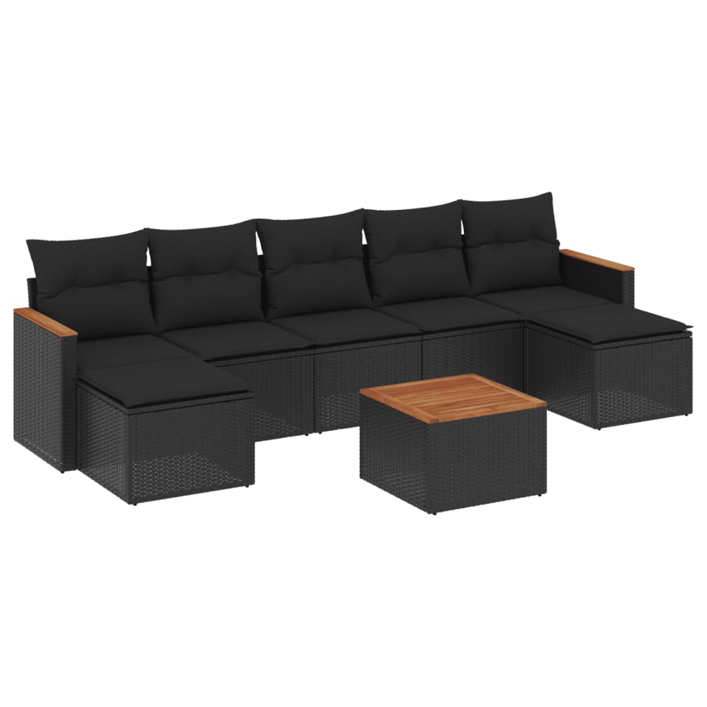 8-piece garden sofa set with cushions, black poly rattan
