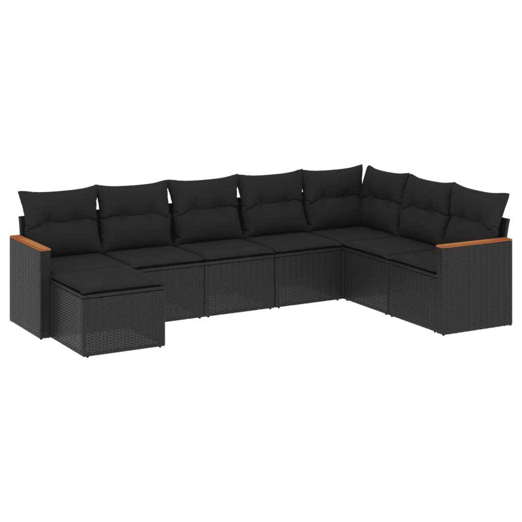 8-piece garden sofa set with cushions, black poly rattan