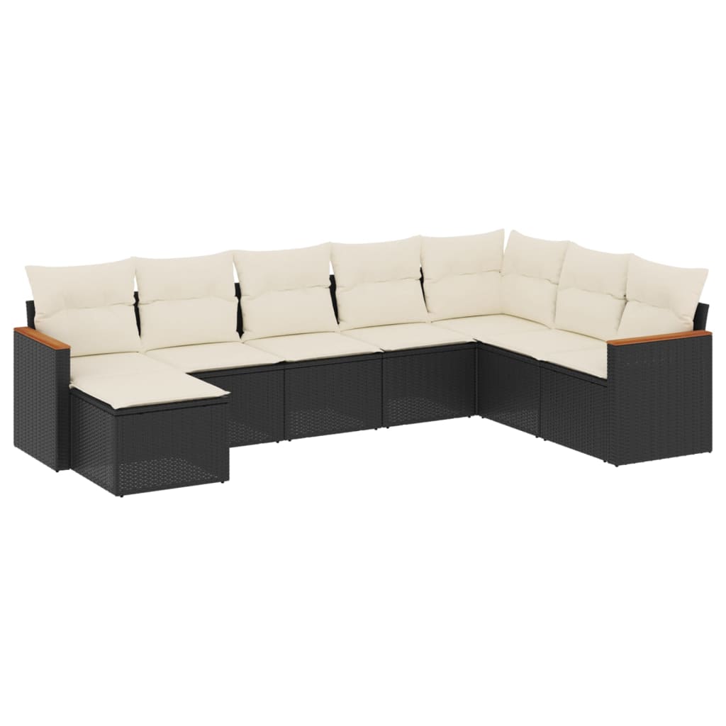 8-piece garden sofa set with cushions, black poly rattan