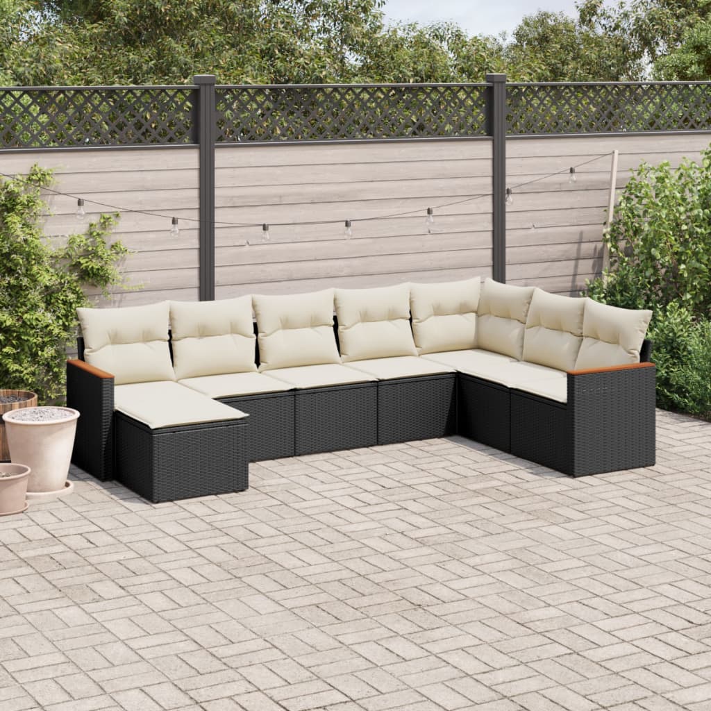 8-piece garden sofa set with cushions, black poly rattan