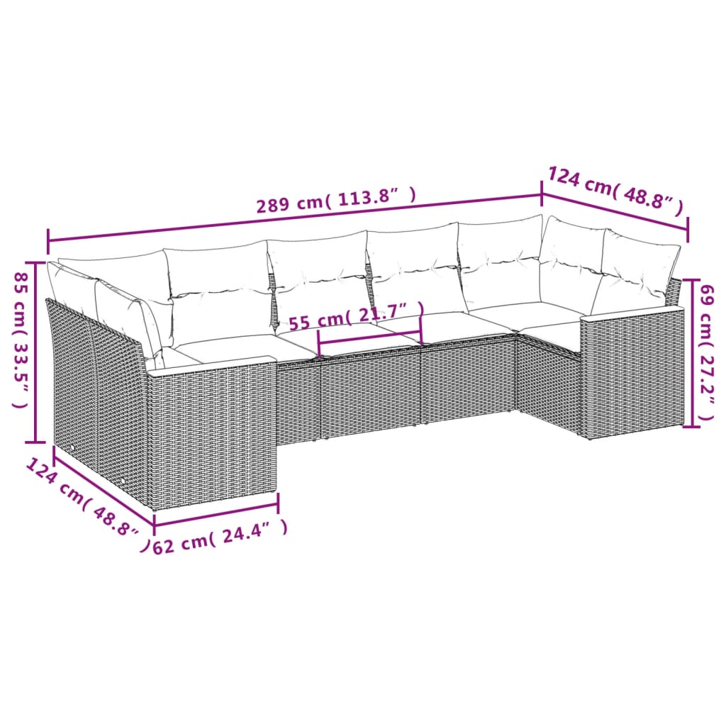 7-teiliges Gartensofa-Set mit Kissen, schwarzes Polyrattan