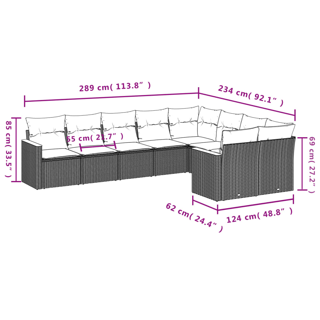 9-teiliges Gartensofa-Set mit Kissen, schwarzes Polyrattan