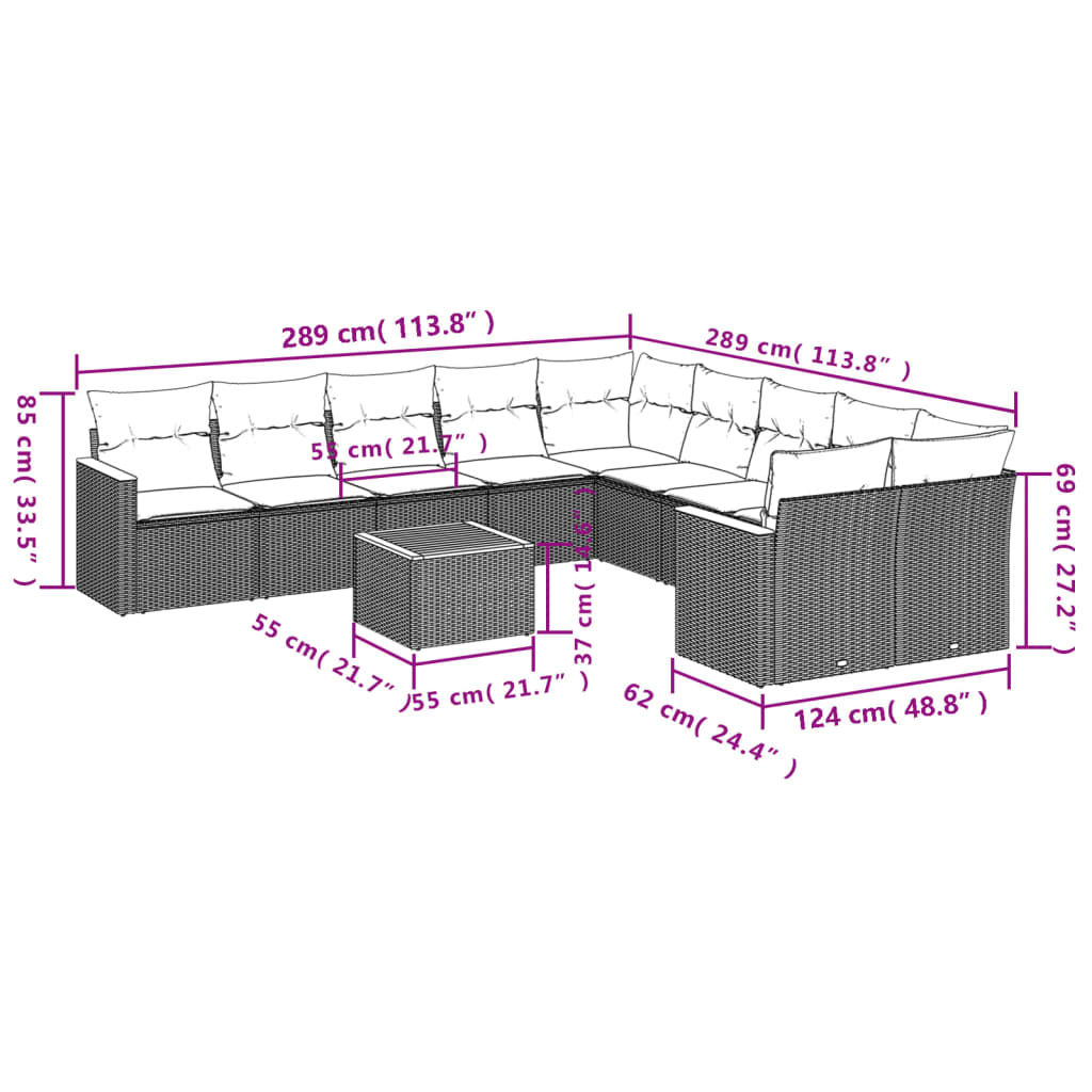 11-teiliges Gartensofa-Set mit Kissen, grau, Polyrattan