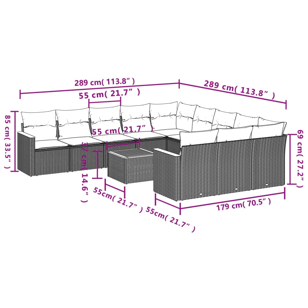 12-teiliges Gartensofa-Set mit Kissen, grau, Polyrattan