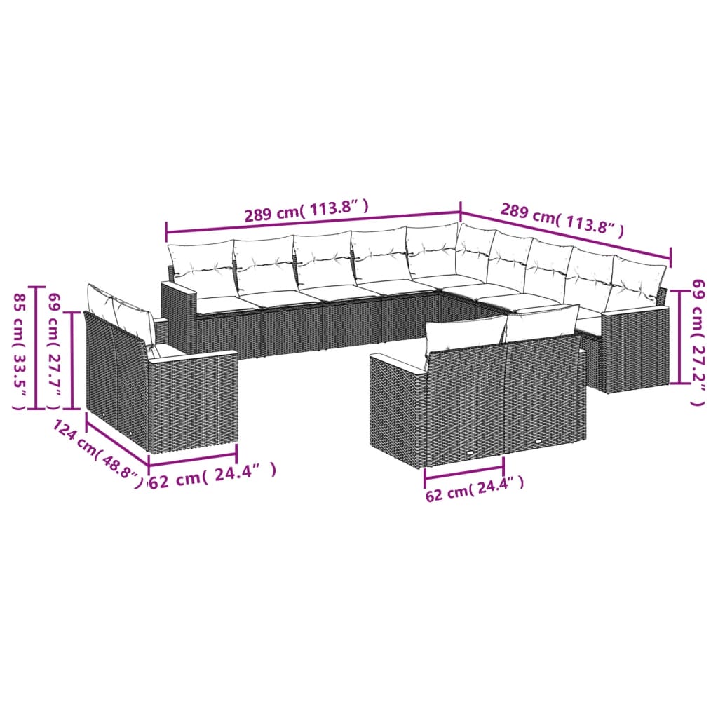13-teiliges Gartensofa-Set mit Kissen, schwarzes Polyrattan