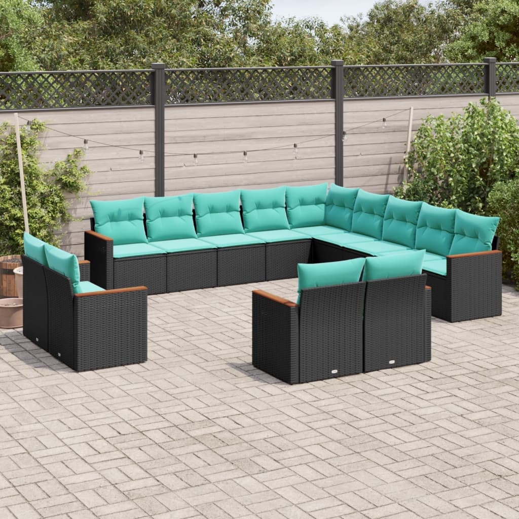 13-teiliges Gartensofa-Set mit Kissen, schwarzes Polyrattan