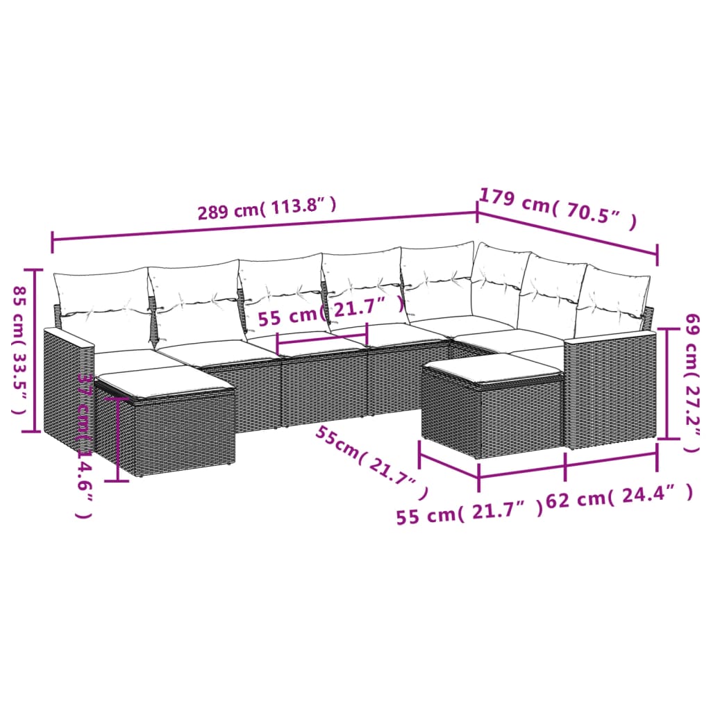 9-teiliges Gartensofa-Set mit Kissen, grau, Polyrattan