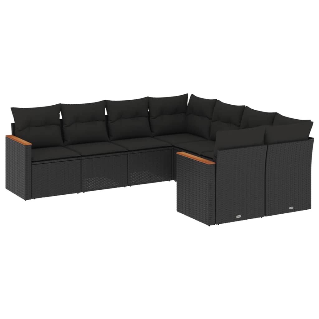 8-piece garden sofa set with cushions, black poly rattan
