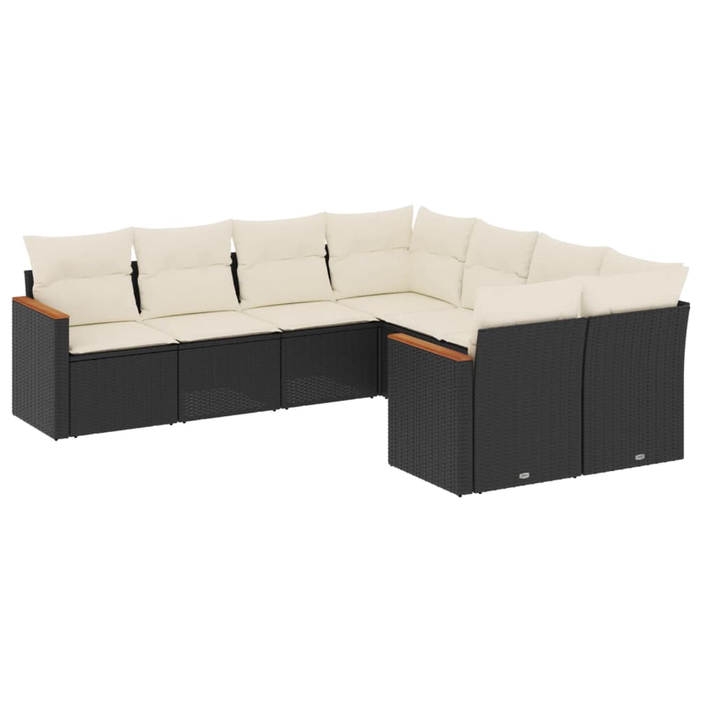 8-piece garden sofa set with cushions, black poly rattan