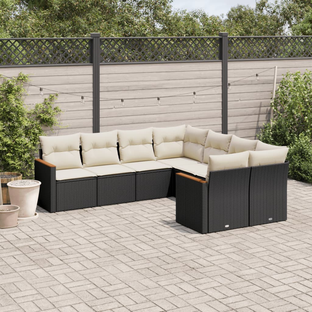 8-piece garden sofa set with cushions, black poly rattan