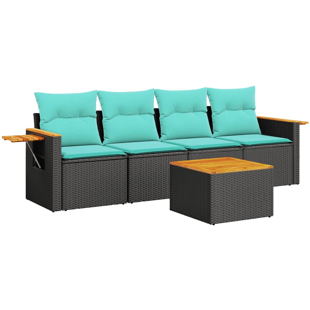 5-tlg. Garten-Sofagarnitur mit Kissen Schwarz Poly Rattan