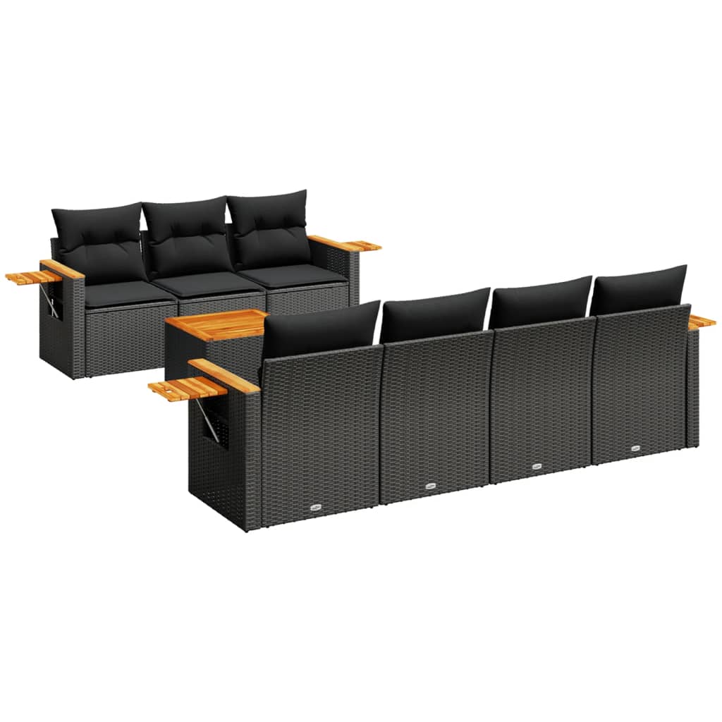 8-piece garden sofa set with cushions, black poly rattan