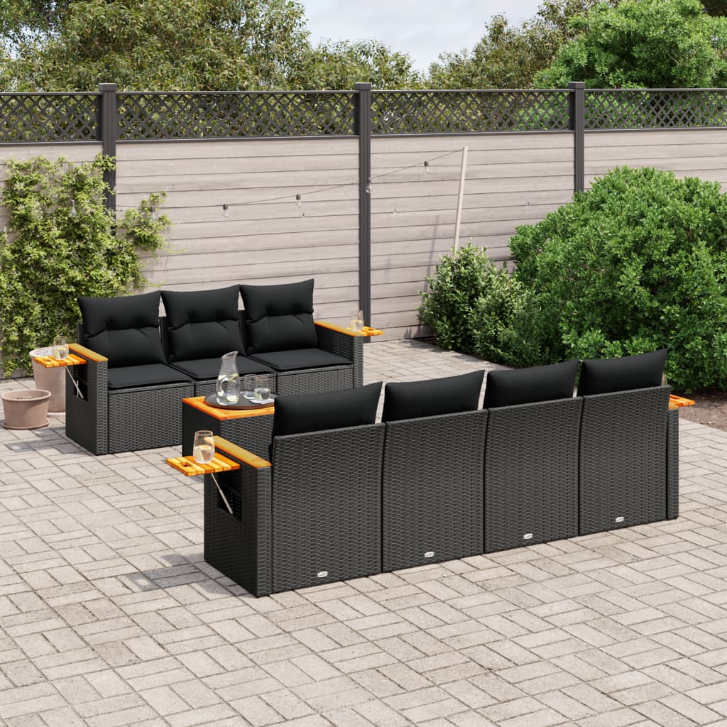 8-piece garden sofa set with cushions, black poly rattan
