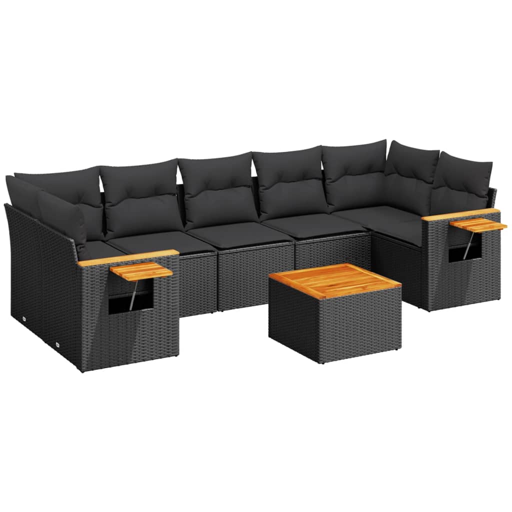 8-piece garden sofa set with cushions, black poly rattan