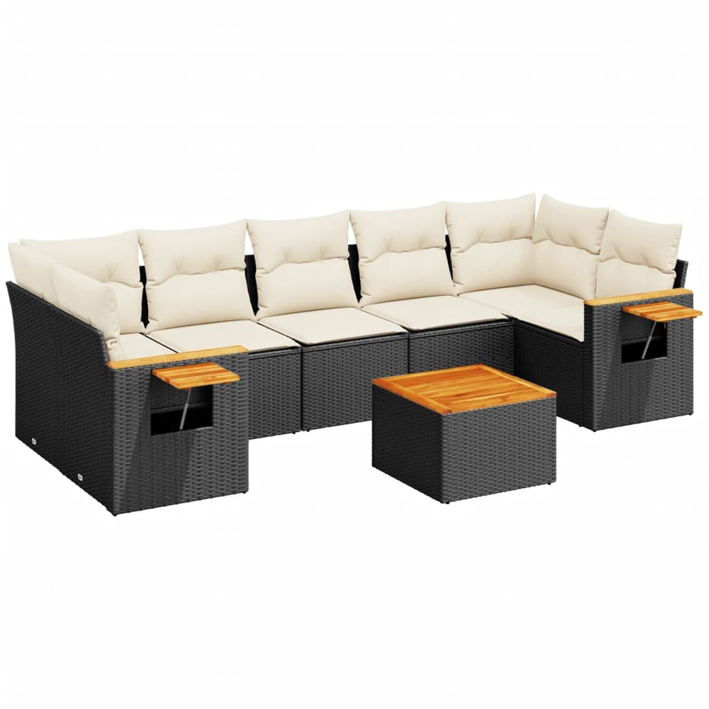 8-piece garden sofa set with cushions, black poly rattan