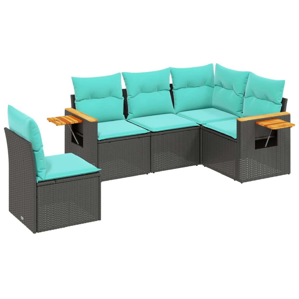 5-tlg. Garten-Sofagarnitur mit Kissen Schwarz Poly Rattan